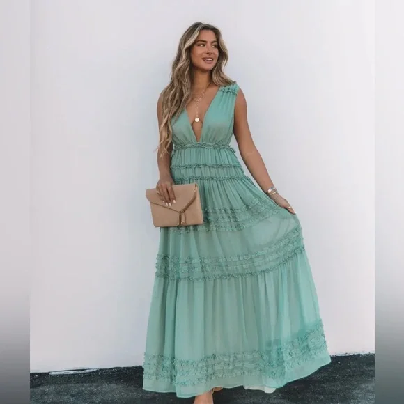 VICI Dance On Air Ruffle Tiered Maxi Dress | Sage | Small - Picture 4 of 9